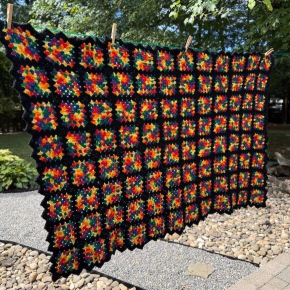 Vintage Black Rainbow Granny Square Afghan Throw 53" X 35" Handmade Crochet - Picture 4 of 10